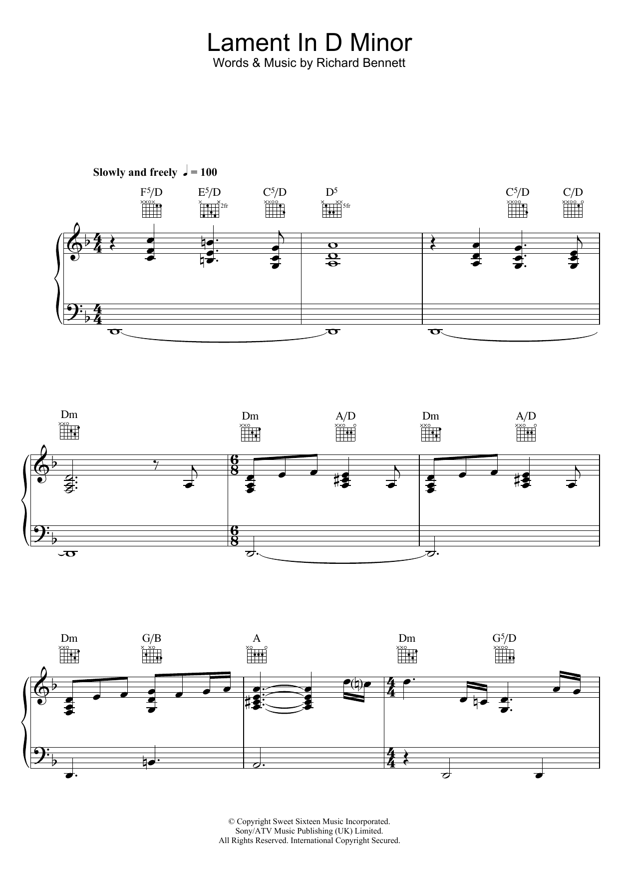 Neil Diamond Lament In D Minor Sheet Music Notes & Chords for Piano - Download or Print PDF