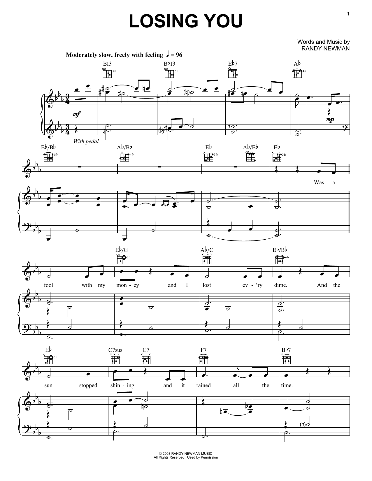 Neil Diamond Losing You Sheet Music Notes & Chords for Piano, Vocal & Guitar (Right-Hand Melody) - Download or Print PDF
