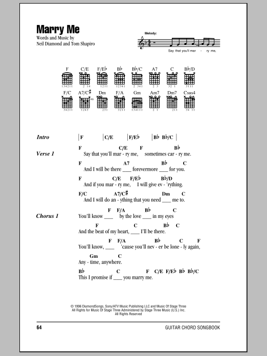 Neil Diamond Marry Me Sheet Music Notes & Chords for Piano, Vocal & Guitar (Right-Hand Melody) - Download or Print PDF