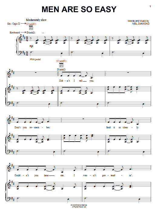 Neil Diamond Men Are So Easy Sheet Music Notes & Chords for Piano, Vocal & Guitar (Right-Hand Melody) - Download or Print PDF Neil Diamond Men Are So Easy Sheet Music Notes & Chords for Piano, Vocal & Guitar (Right-Hand Melody) - Download or Print PDF