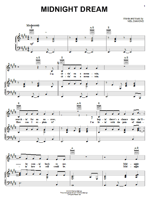 Neil Diamond Midnight Dream Sheet Music Notes & Chords for Piano, Vocal & Guitar (Right-Hand Melody) - Download or Print PDF Neil Diamond Midnight Dream Sheet Music Notes & Chords for Piano, Vocal & Guitar (Right-Hand Melody) - Download or Print PDF