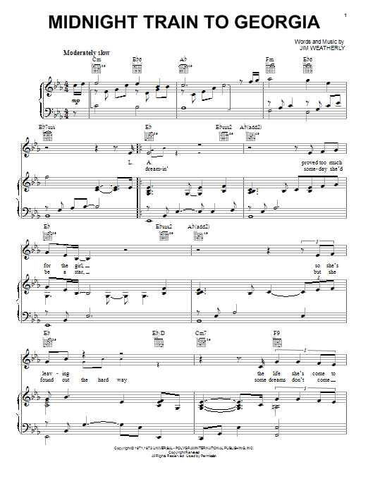 Neil Diamond Midnight Train To Georgia Sheet Music Notes & Chords for Piano, Vocal & Guitar (Right-Hand Melody) - Download or Print PDF