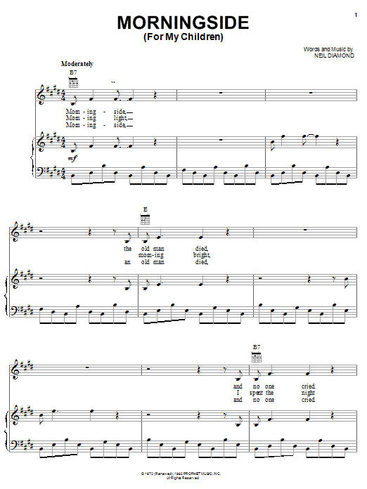 Neil Diamond Morningside Sheet Music Notes & Chords for Lyrics & Chords - Download or Print PDF