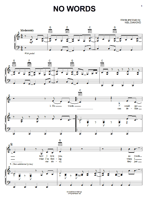 Neil Diamond No Words Sheet Music Notes & Chords for Piano, Vocal & Guitar (Right-Hand Melody) - Download or Print PDF