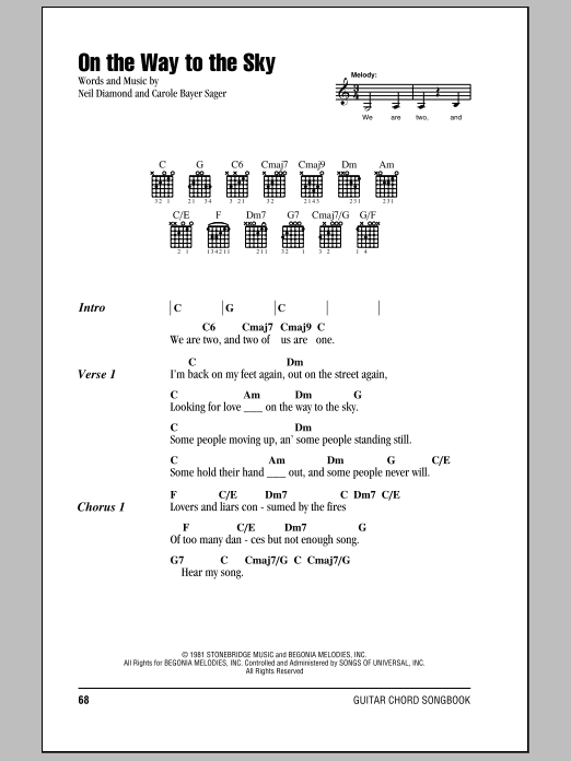 Neil Diamond On The Way To The Sky Sheet Music Notes & Chords for Easy Guitar Tab - Download or Print PDF