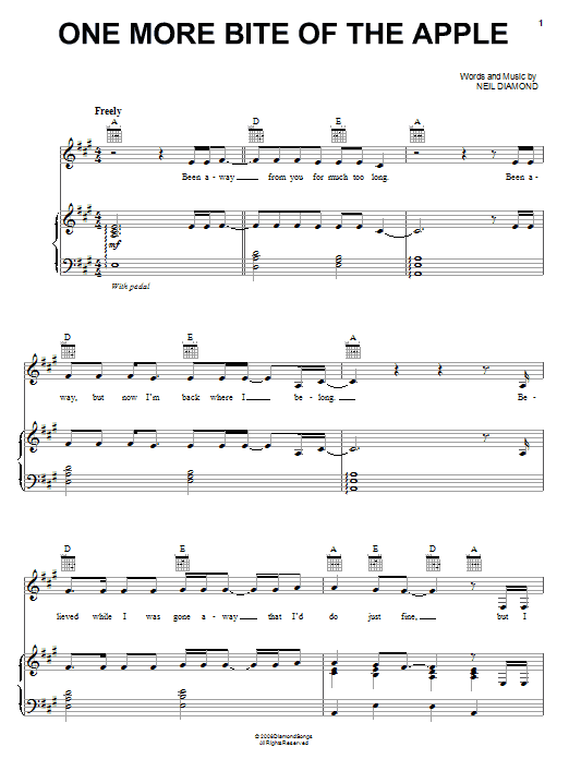 Neil Diamond One More Bite Of The Apple Sheet Music Notes & Chords for Piano, Vocal & Guitar (Right-Hand Melody) - Download or Print PDF Neil Diamond One More Bite Of The Apple Sheet Music Notes & Chords for Piano, Vocal & Guitar (Right-Hand Melody) - Download or Print PDF