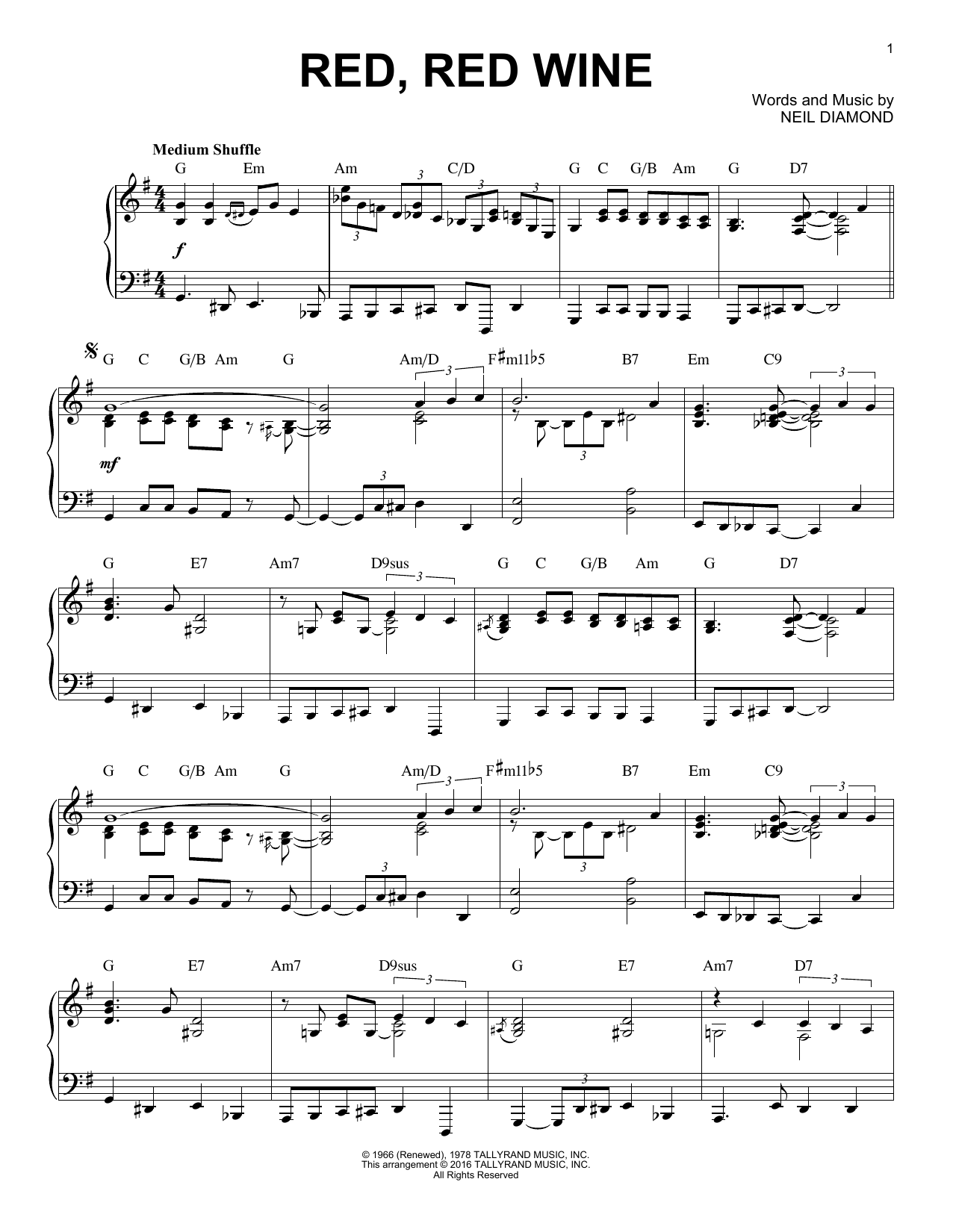 Neil Diamond Red, Red Wine [Jazz version] (arr. Brent Edstrom) Sheet Music Notes & Chords for Piano - Download or Print PDF