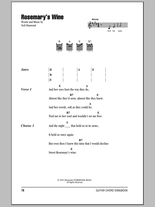Neil Diamond Rosemary's Wine Sheet Music Notes & Chords for Lyrics & Chords - Download or Print PDF