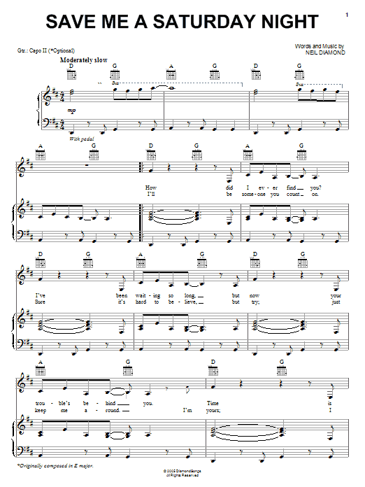 Neil Diamond Save Me A Saturday Night Sheet Music Notes & Chords for Piano, Vocal & Guitar (Right-Hand Melody) - Download or Print PDF Neil Diamond Save Me A Saturday Night Sheet Music Notes & Chords for Piano, Vocal & Guitar (Right-Hand Melody) - Download or Print PDF