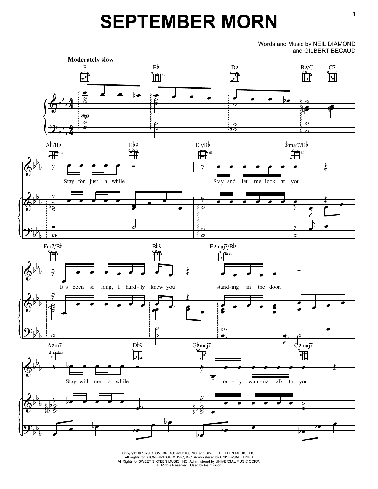 Neil Diamond September Morn Sheet Music Notes & Chords for Piano, Vocal & Guitar (Right-Hand Melody) - Download or Print PDF