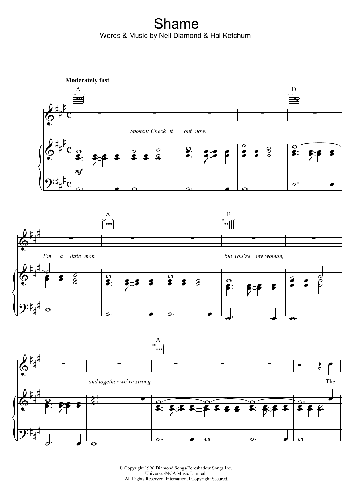Neil Diamond Shame Sheet Music Notes & Chords for Piano, Vocal & Guitar (Right-Hand Melody) - Download or Print PDF