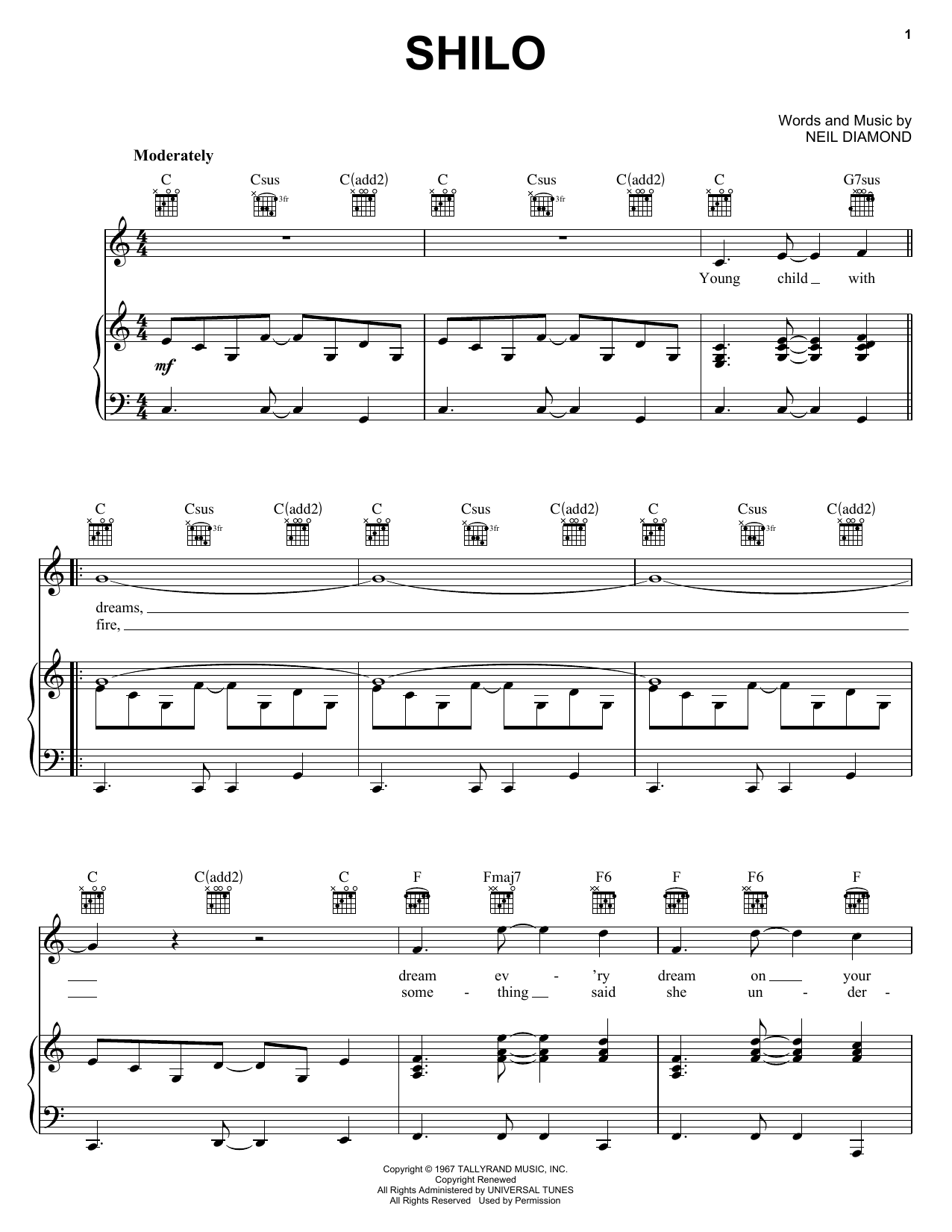 Neil Diamond Shilo Sheet Music Notes & Chords for Piano, Vocal & Guitar (Right-Hand Melody) - Download or Print PDF