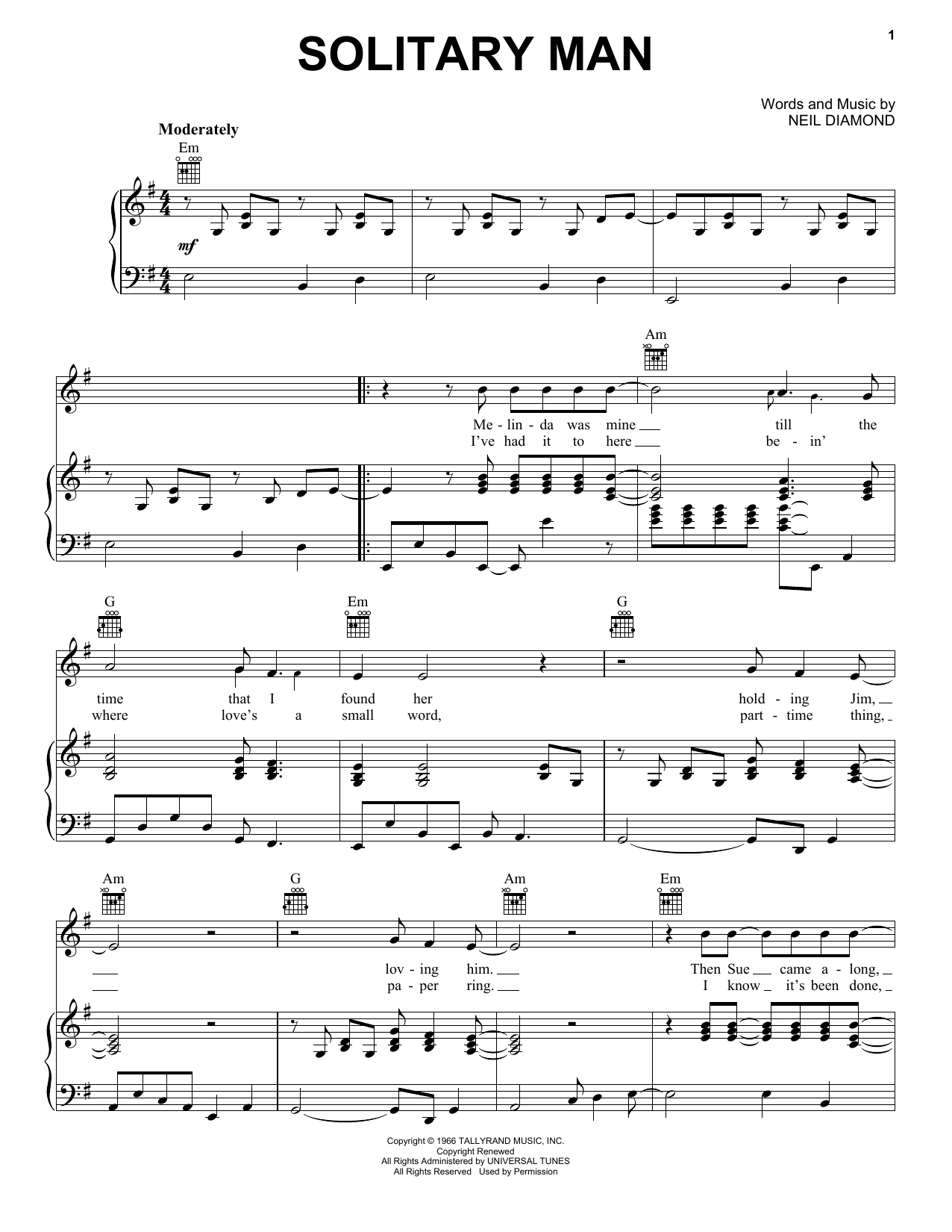 Neil Diamond Solitary Man Sheet Music Notes & Chords for Lyrics & Chords - Download or Print PDF