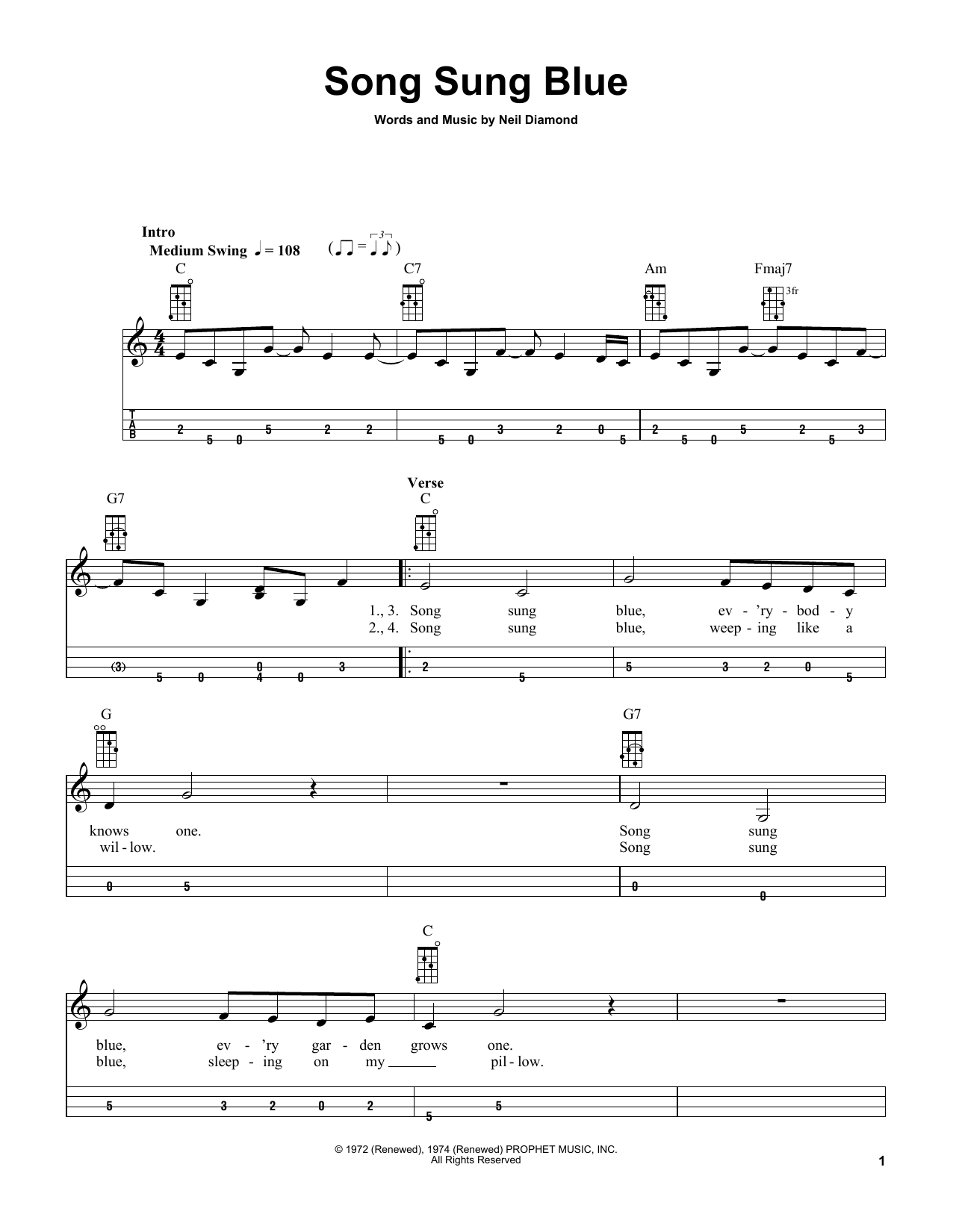 Neil Diamond Song Sung Blue (arr. Bobby Westfall) Sheet Music Notes & Chords for Mandolin - Download or Print PDF