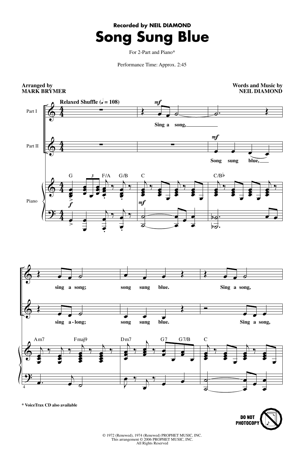 Neil Diamond Song Sung Blue (arr. Mark Brymer) Sheet Music Notes & Chords for 2-Part Choir - Download or Print PDF