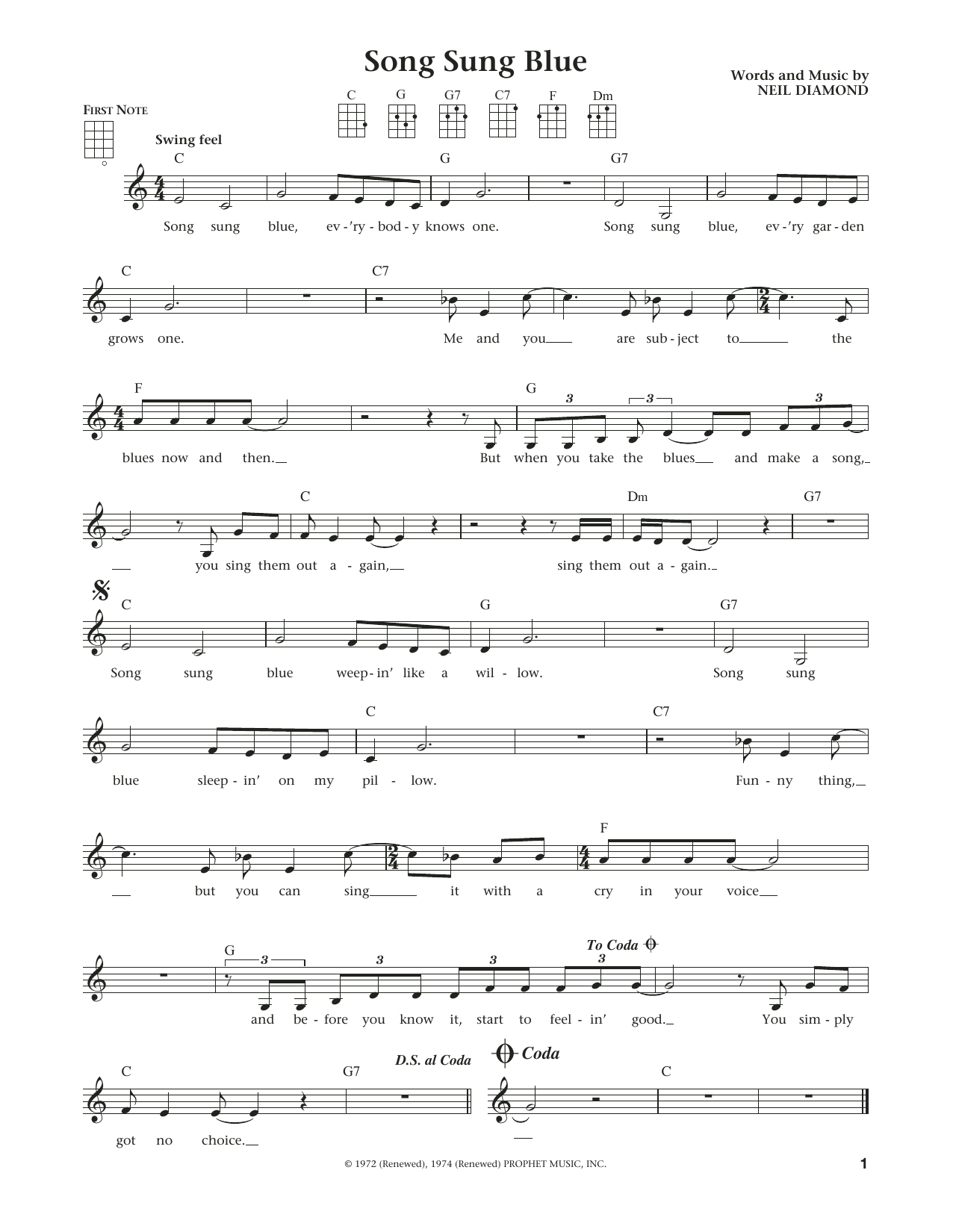 Neil Diamond Song Sung Blue (from The Daily Ukulele) (arr. Liz and Jim Beloff) Sheet Music Notes & Chords for Ukulele - Download or Print PDF
