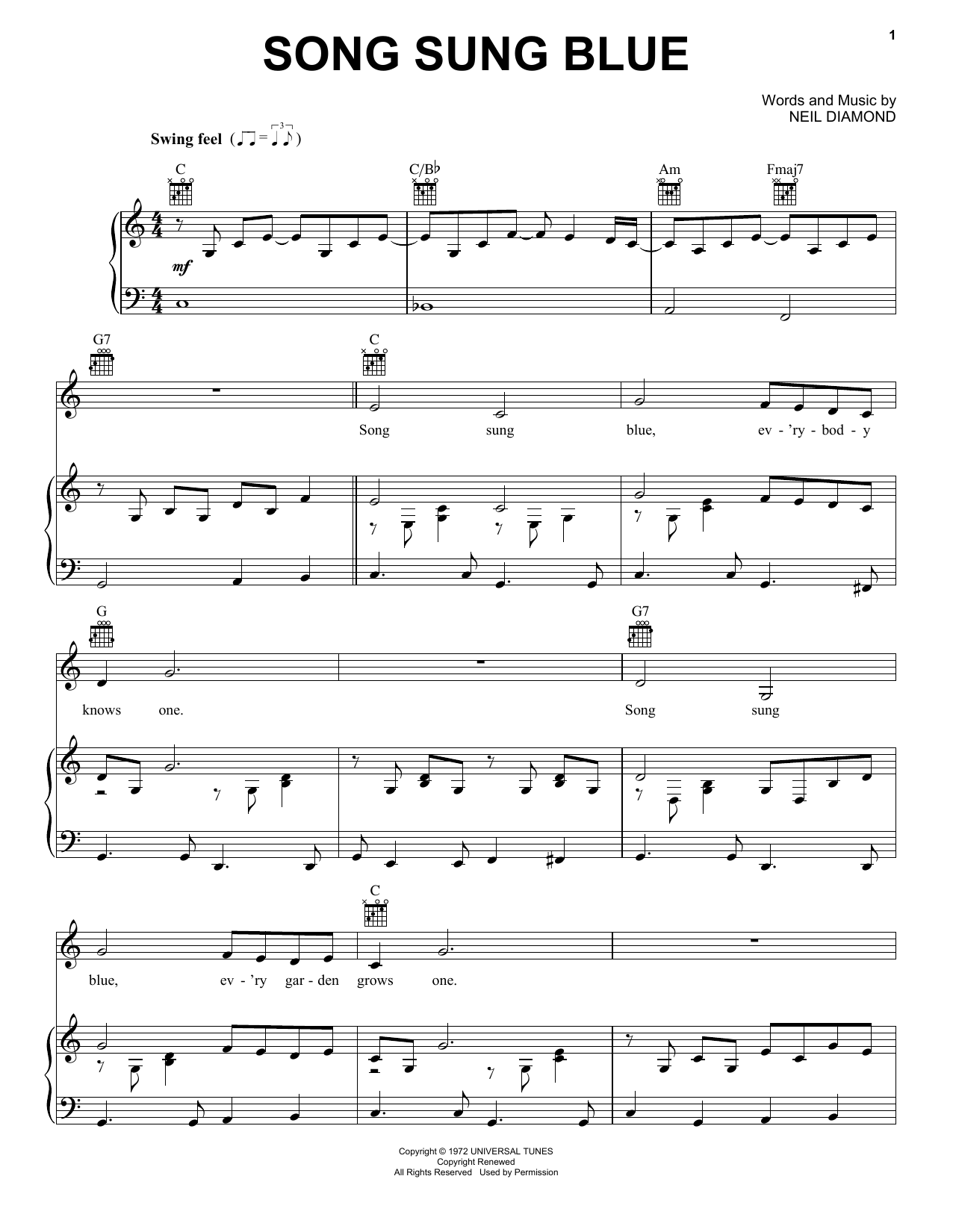 Neil Diamond Song Sung Blue Sheet Music Notes & Chords for Accordion - Download or Print PDF