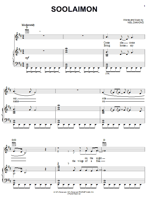Neil Diamond Soolaimon Sheet Music Notes & Chords for Easy Guitar Tab - Download or Print PDF