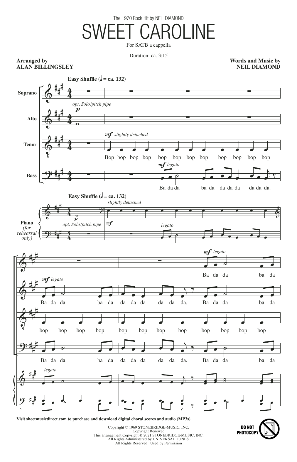 Neil Diamond Sweet Caroline (arr. Alan Billingsley) Sheet Music Notes & Chords for SATB Choir - Download or Print PDF Neil Diamond Sweet Caroline (arr. Alan Billingsley) Sheet Music Notes & Chords for SATB Choir - Download or Print PDF