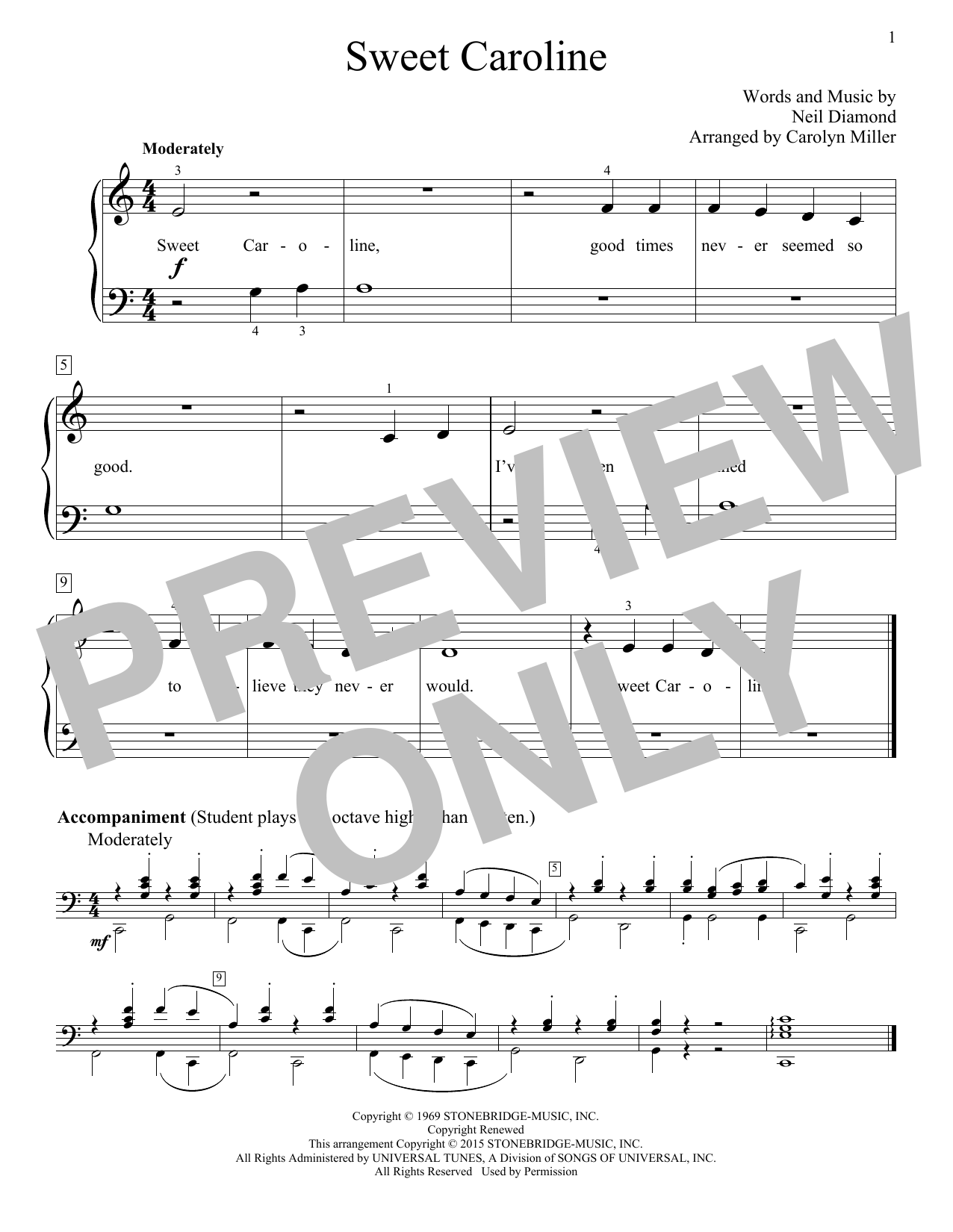 Neil Diamond (Arr. Carolyn Miller) Sweet Caroline Sheet Music Notes & Chords for Educational Piano - Download or Print PDF