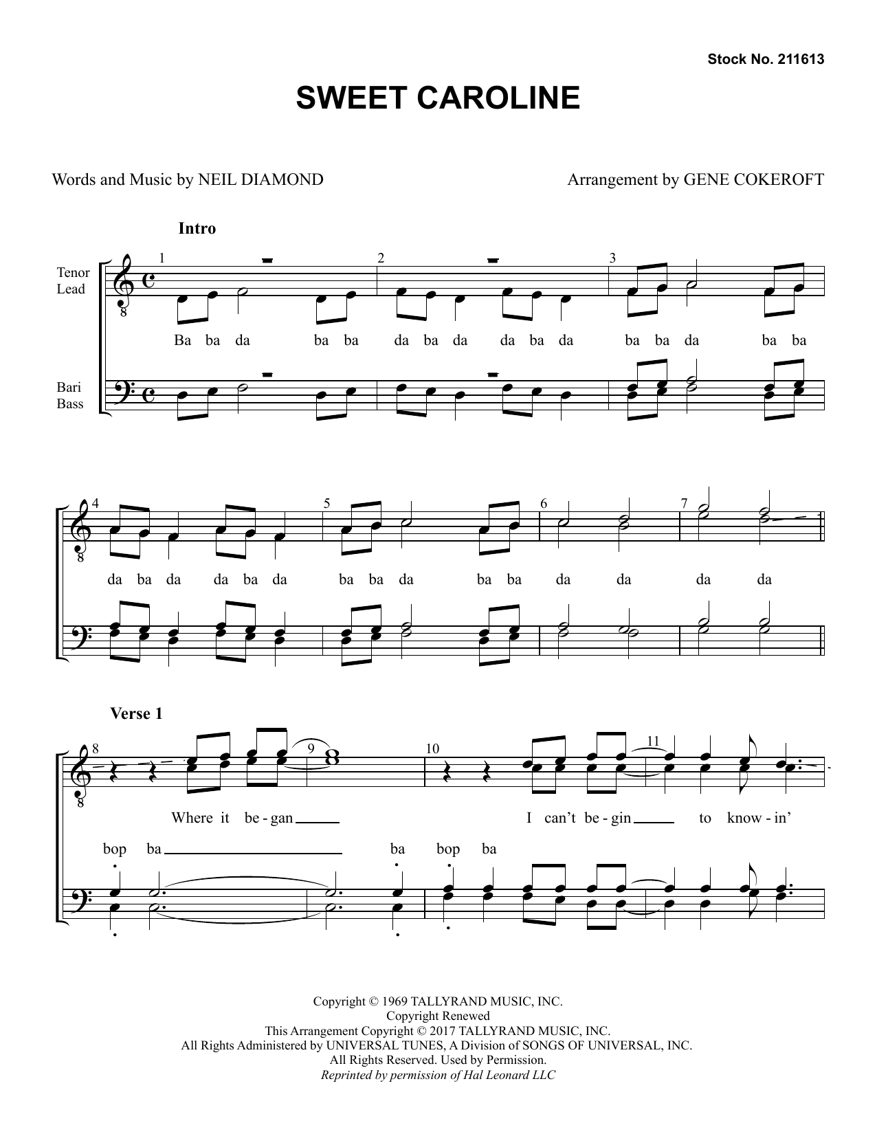 Neil Diamond Sweet Caroline (arr. Gene Cokeroft) Sheet Music Notes & Chords for TTBB Choir - Download or Print PDF