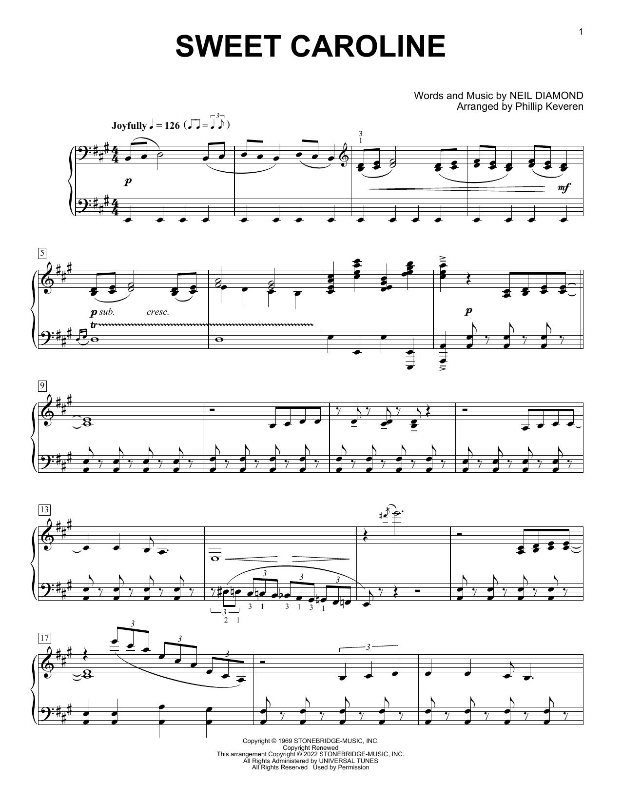 Neil Diamond Sweet Caroline (arr. Phillip Keveren) Sheet Music Notes & Chords for Piano Solo - Download or Print PDF