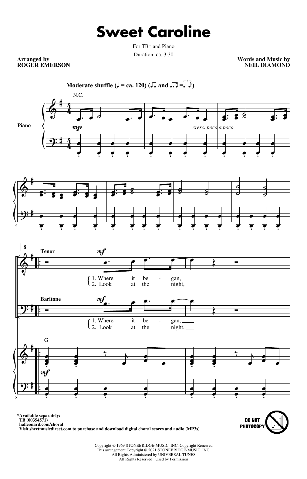 Neil Diamond Sweet Caroline (arr. Roger Emerson) Sheet Music Notes & Chords for TB Choir - Download or Print PDF