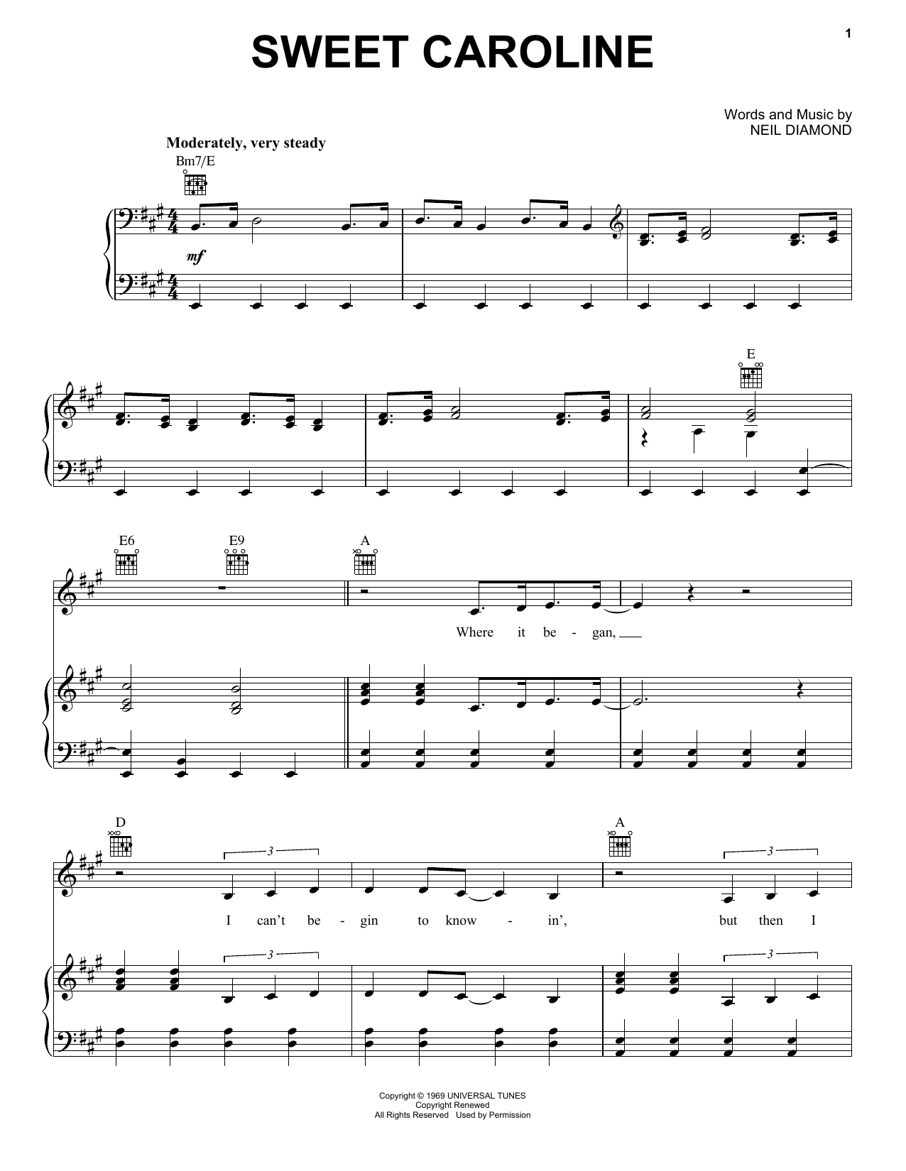 Neil Diamond Sweet Caroline Sheet Music Notes & Chords for Easy Guitar Tab - Download or Print PDF