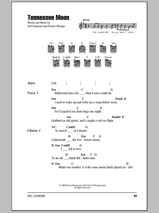 Neil Diamond Tennessee Moon Sheet Music Notes & Chords for Lyrics & Chords - Download or Print PDF