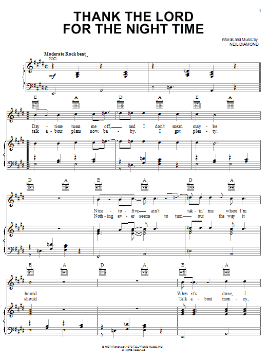 Neil Diamond Thank The Lord For The Night Time Sheet Music Notes & Chords for Guitar with strumming patterns - Download or Print PDF