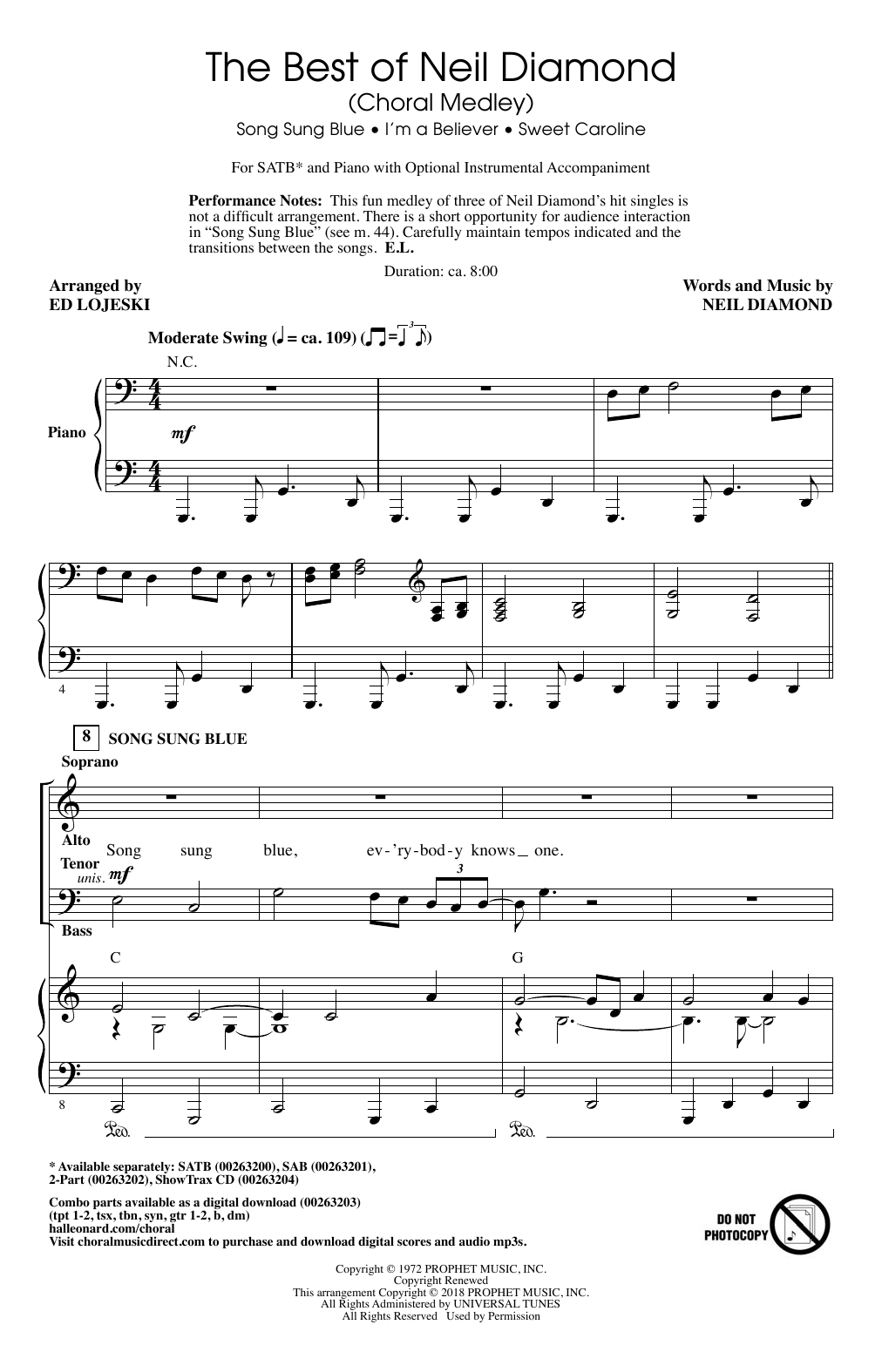 Ed Lojeski The Best of Neil Diamond (Choral Medley) Sheet Music Notes & Chords for SATB - Download or Print PDF