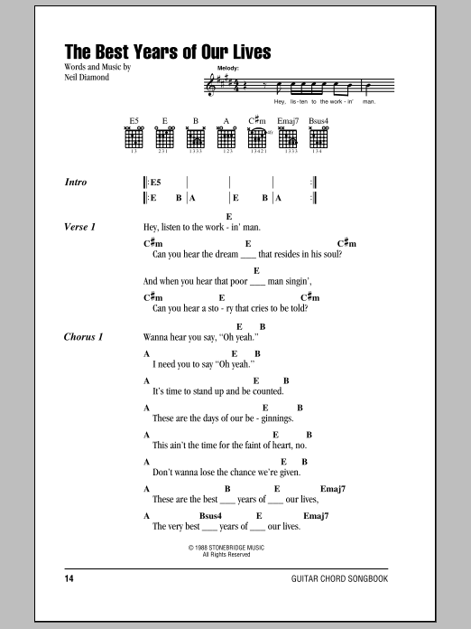 Neil Diamond The Best Years Of Our Lives Sheet Music Notes & Chords for Lyrics & Chords - Download or Print PDF