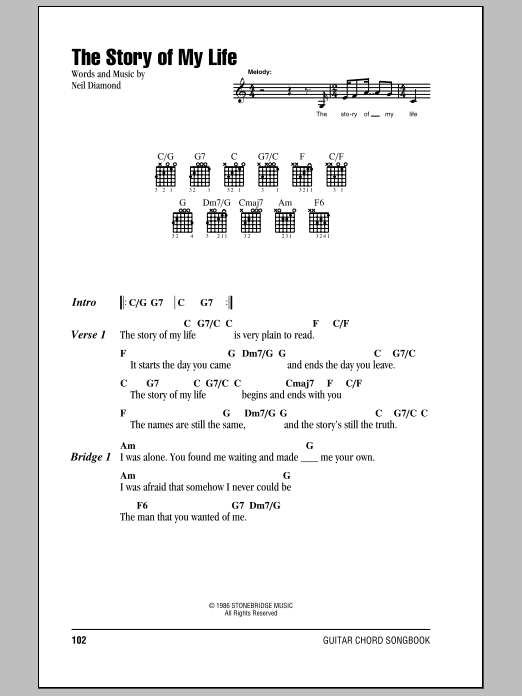 Neil Diamond The Story Of My Life Sheet Music Notes & Chords for Lyrics & Chords - Download or Print PDF