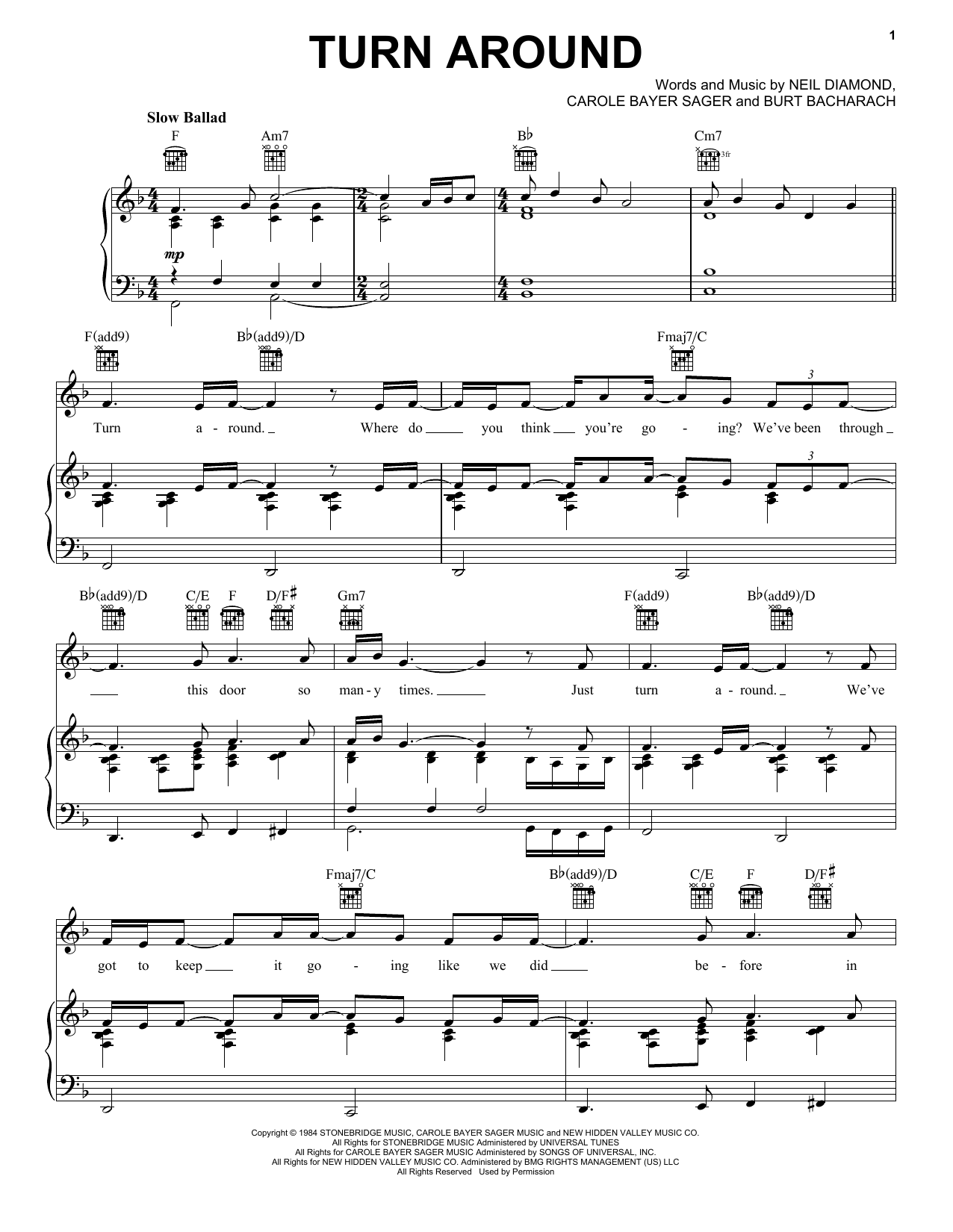 Neil Diamond Turn Around Sheet Music Notes & Chords for Piano, Vocal & Guitar Chords (Right-Hand Melody) - Download or Print PDF