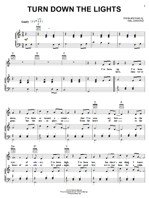 Neil Diamond Turn Down The Lights Sheet Music Notes & Chords for Piano, Vocal & Guitar (Right-Hand Melody) - Download or Print PDF Neil Diamond Turn Down The Lights Sheet Music Notes & Chords for Piano, Vocal & Guitar (Right-Hand Melody) - Download or Print PDF