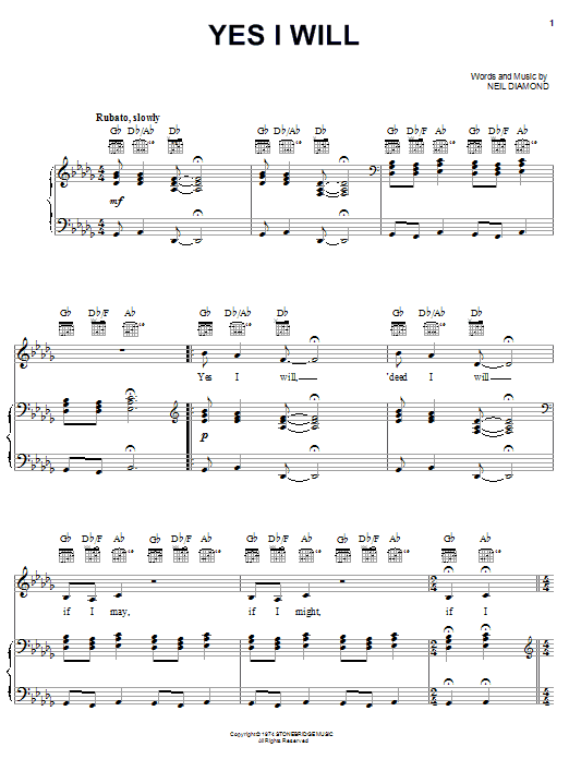Neil Diamond Yes I Will Sheet Music Notes & Chords for Piano, Vocal & Guitar (Right-Hand Melody) - Download or Print PDF