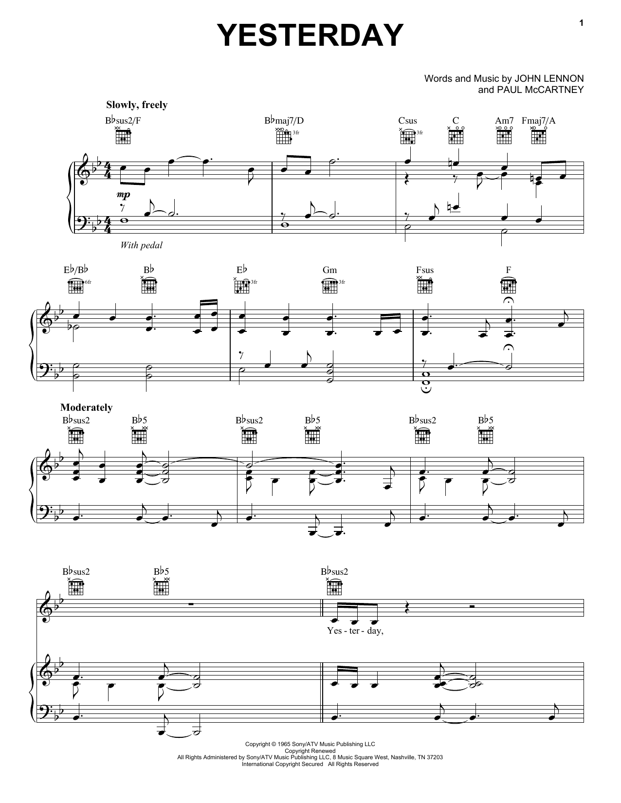 Neil Diamond Yesterday Sheet Music Notes & Chords for Piano, Vocal & Guitar (Right-Hand Melody) - Download or Print PDF