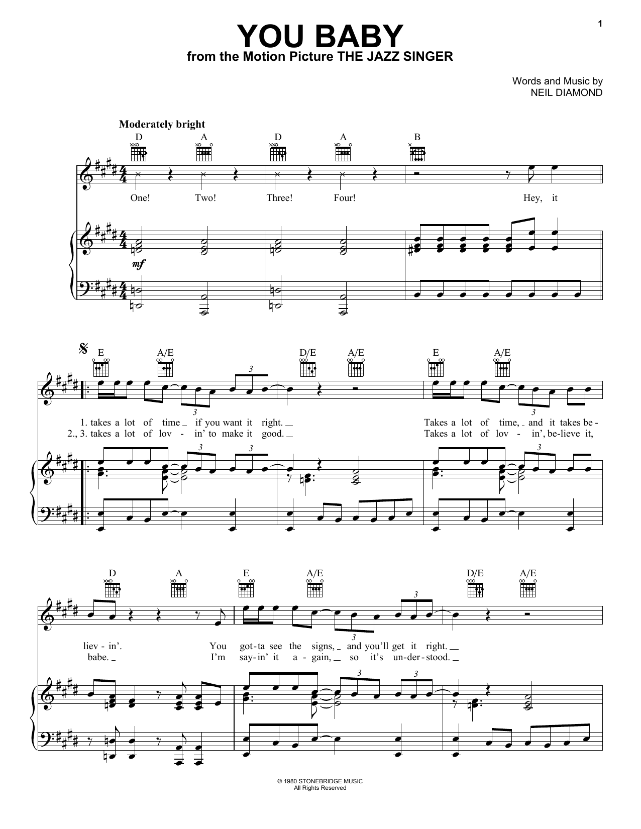 Neil Diamond You Baby Sheet Music Notes & Chords for Piano, Vocal & Guitar Chords (Right-Hand Melody) - Download or Print PDF