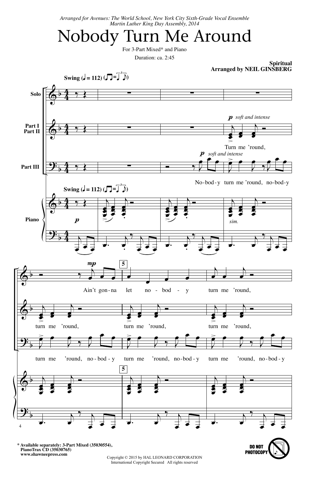 Neil Ginsberg Nobody Turn Me Around (arr. Neil Ginsberg) Sheet Music Notes & Chords for 3-Part Mixed - Download or Print PDF