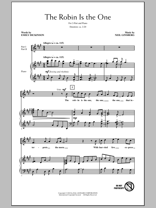Neil Ginsberg The Robin Is The One Sheet Music Notes & Chords for 2-Part Choir - Download or Print PDF