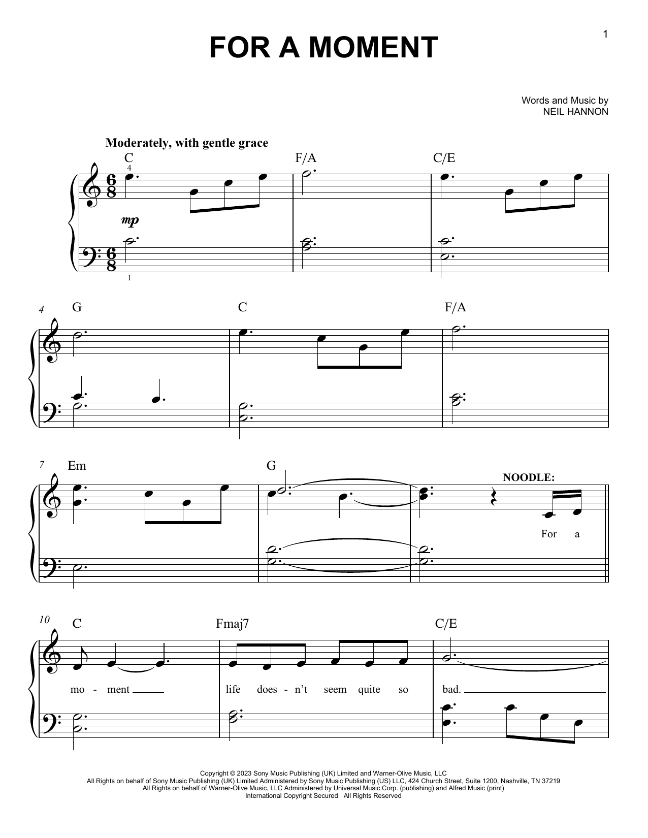 Neil Hannon For A Moment (from Wonka) Sheet Music Notes & Chords for Easy Piano - Download or Print PDF