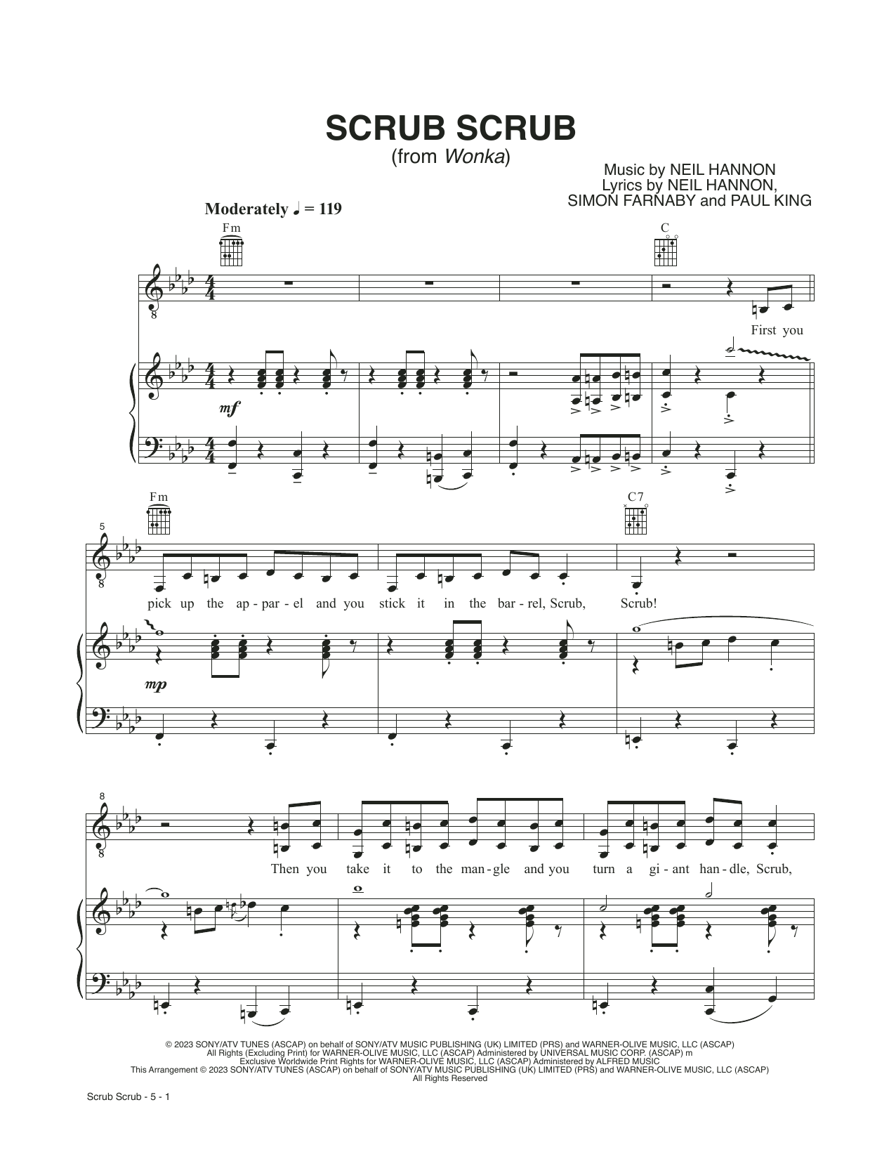 Neil Hannon Scrub Scrub (from Wonka) Sheet Music Notes & Chords for Piano, Vocal & Guitar Chords (Right-Hand Melody) - Download or Print PDF