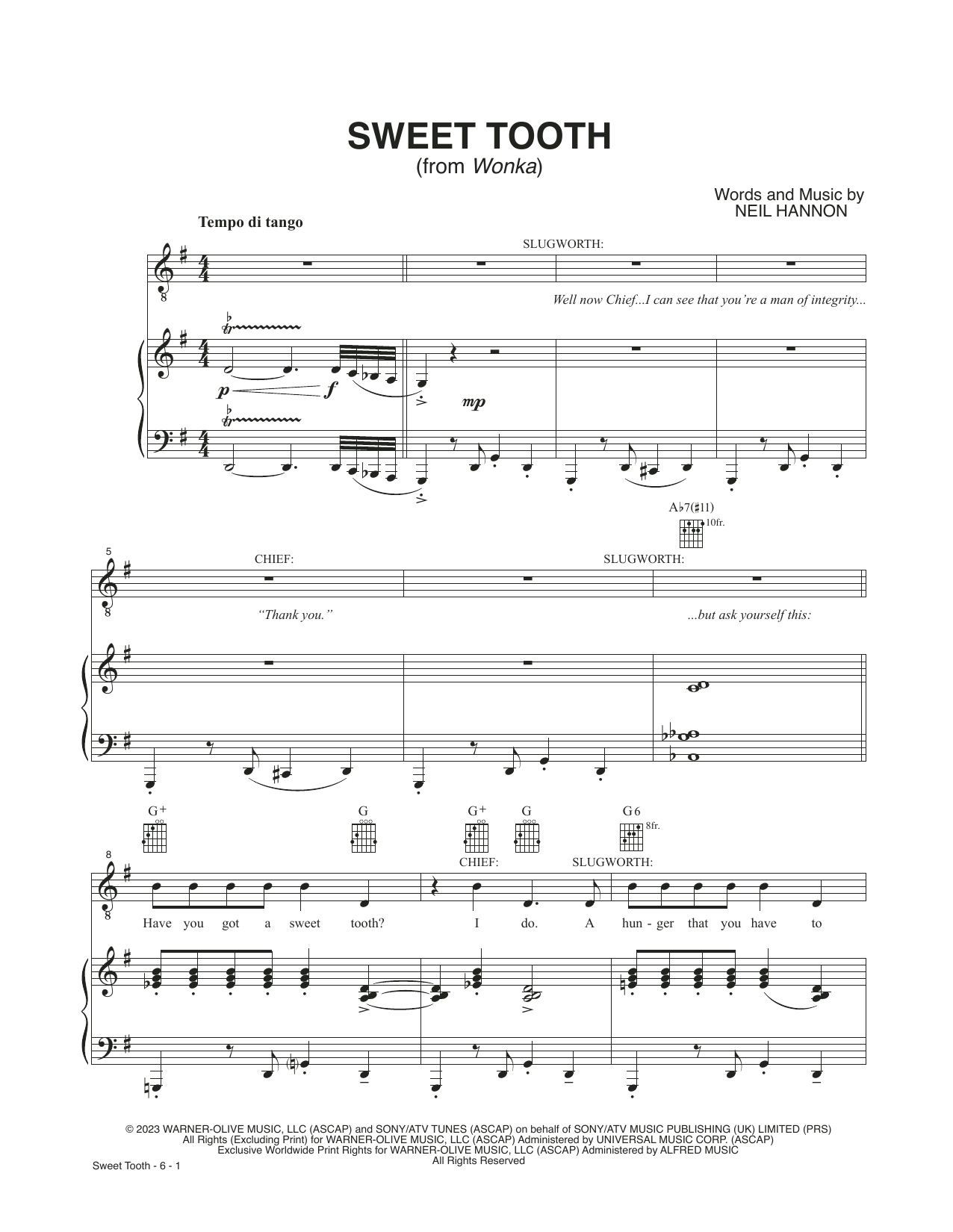 Neil Hannon Sweet Tooth (from Wonka) Sheet Music Notes & Chords for Piano, Vocal & Guitar Chords (Right-Hand Melody) - Download or Print PDF