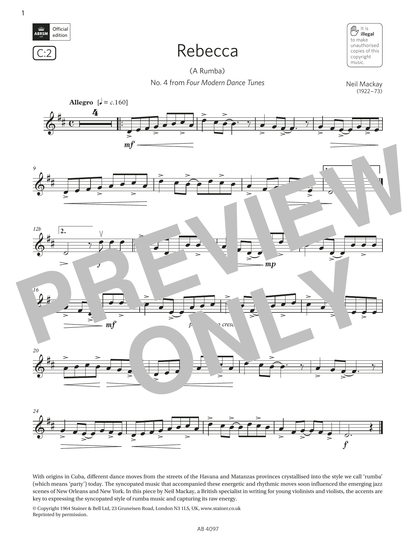 Neil Mackay Rebecca (A Rumba) (Grade 3, C2, from the ABRSM Violin Syllabus from 2024) Sheet Music Notes & Chords for Violin Solo - Download or Print PDF