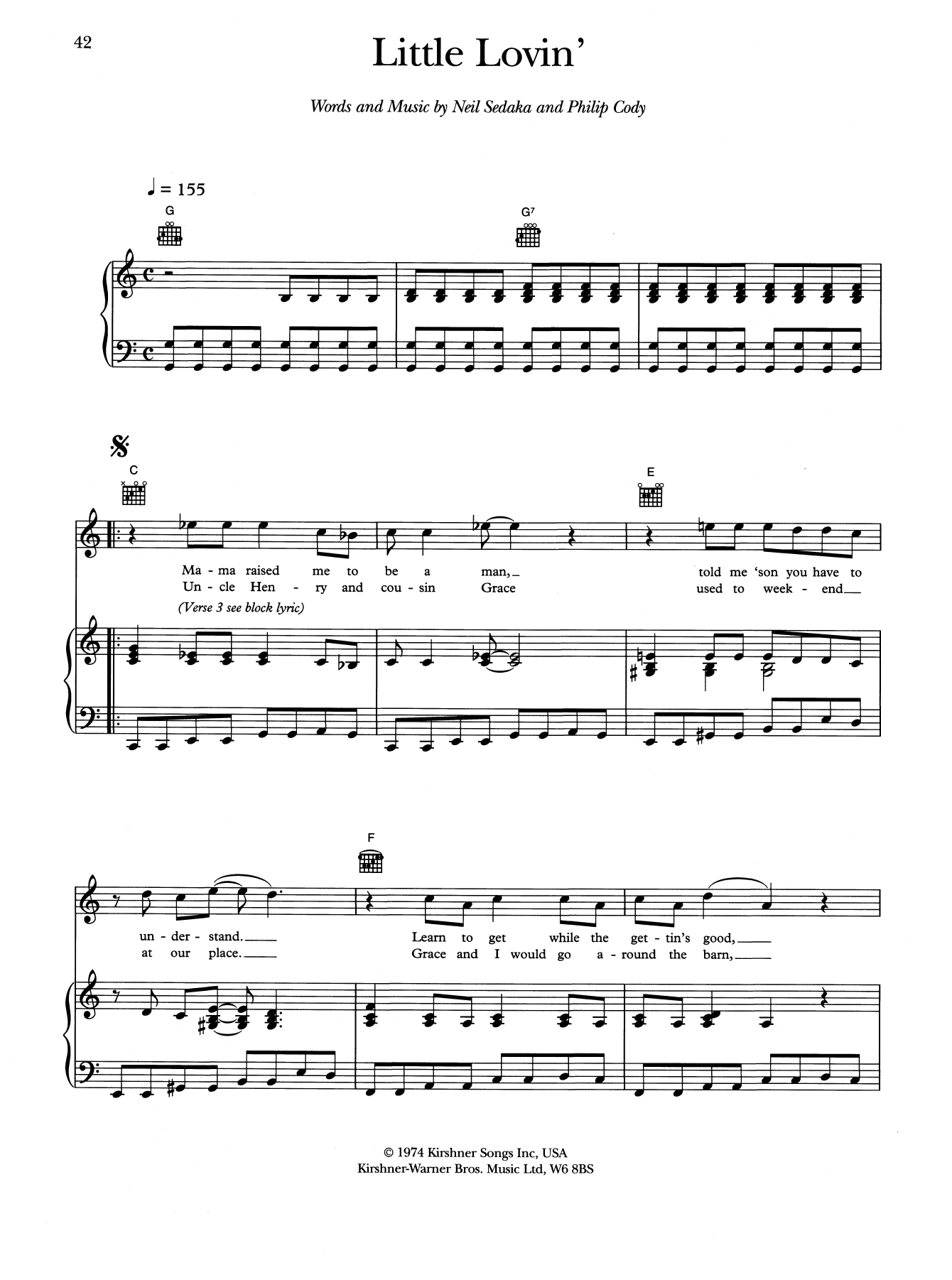 Neil Sedaka A Little Lovin' Sheet Music Notes & Chords for Piano, Vocal & Guitar (Right-Hand Melody) - Download or Print PDF