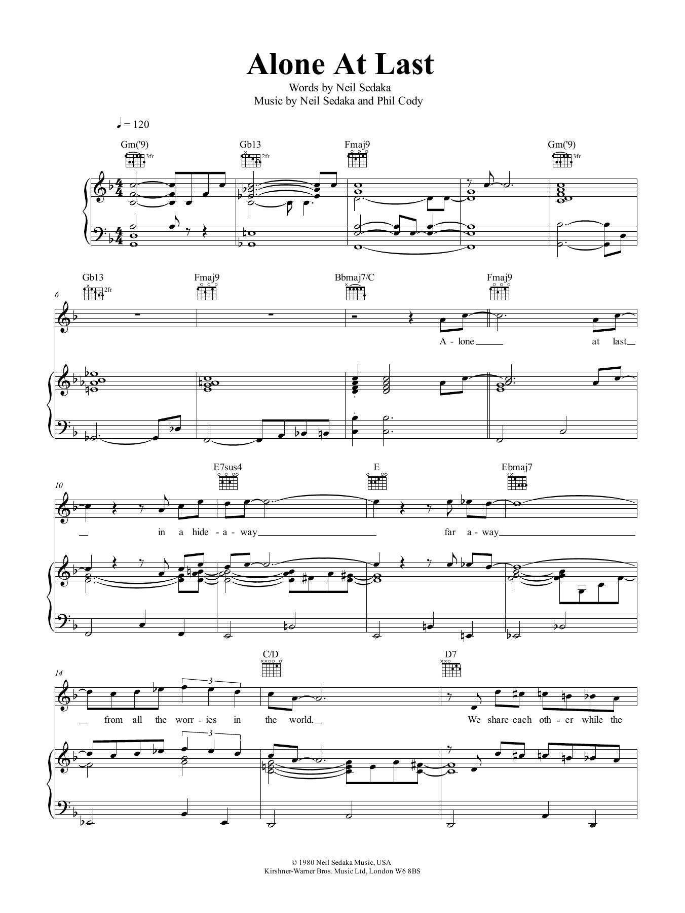 Neil Sedaka Alone At Last Sheet Music Notes & Chords for Piano, Vocal & Guitar (Right-Hand Melody) - Download or Print PDF