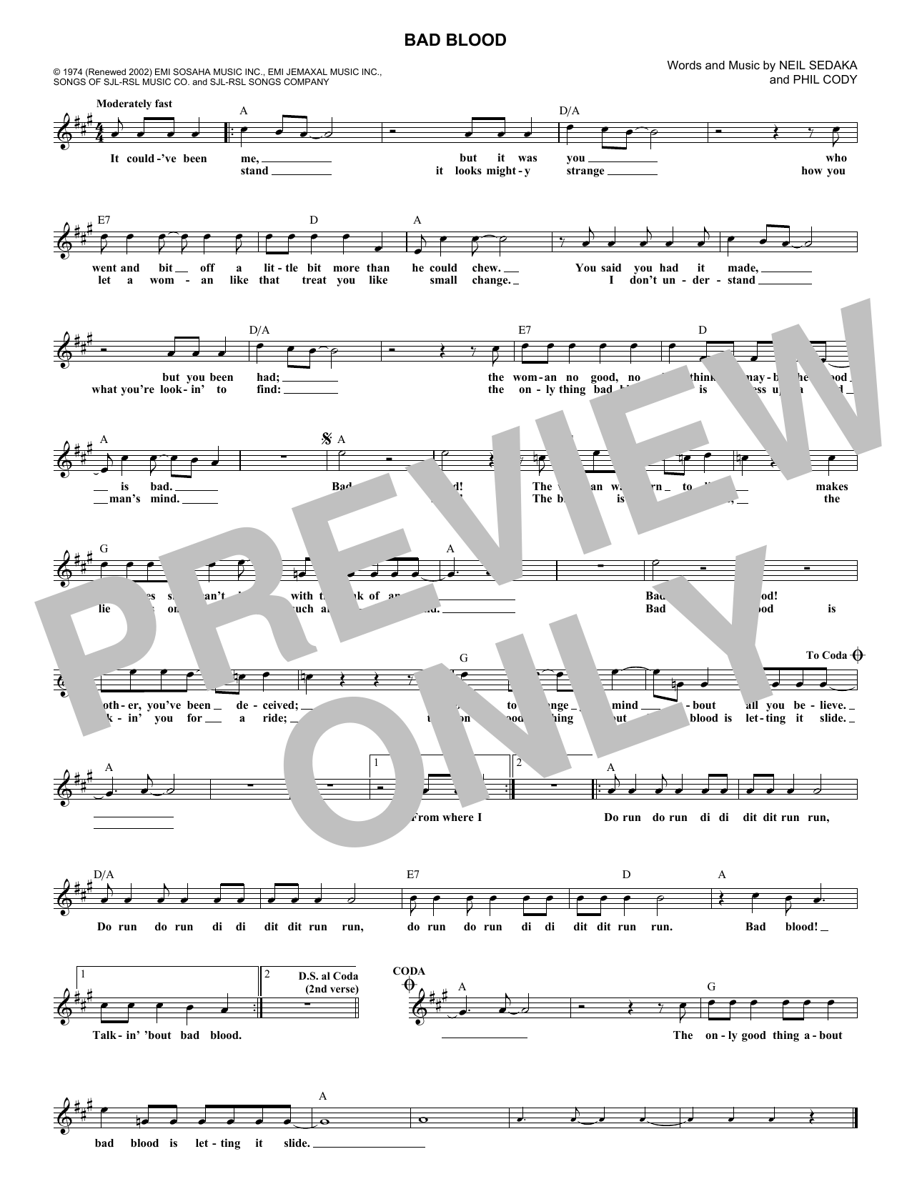 Neil Sedaka Bad Blood Sheet Music Notes & Chords for Piano, Vocal & Guitar Chords (Right-Hand Melody) - Download or Print PDF