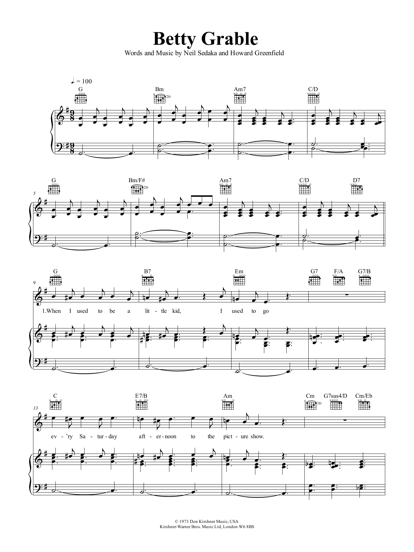 Neil Sedaka Betty Grable Sheet Music Notes & Chords for Piano, Vocal & Guitar (Right-Hand Melody) - Download or Print PDF