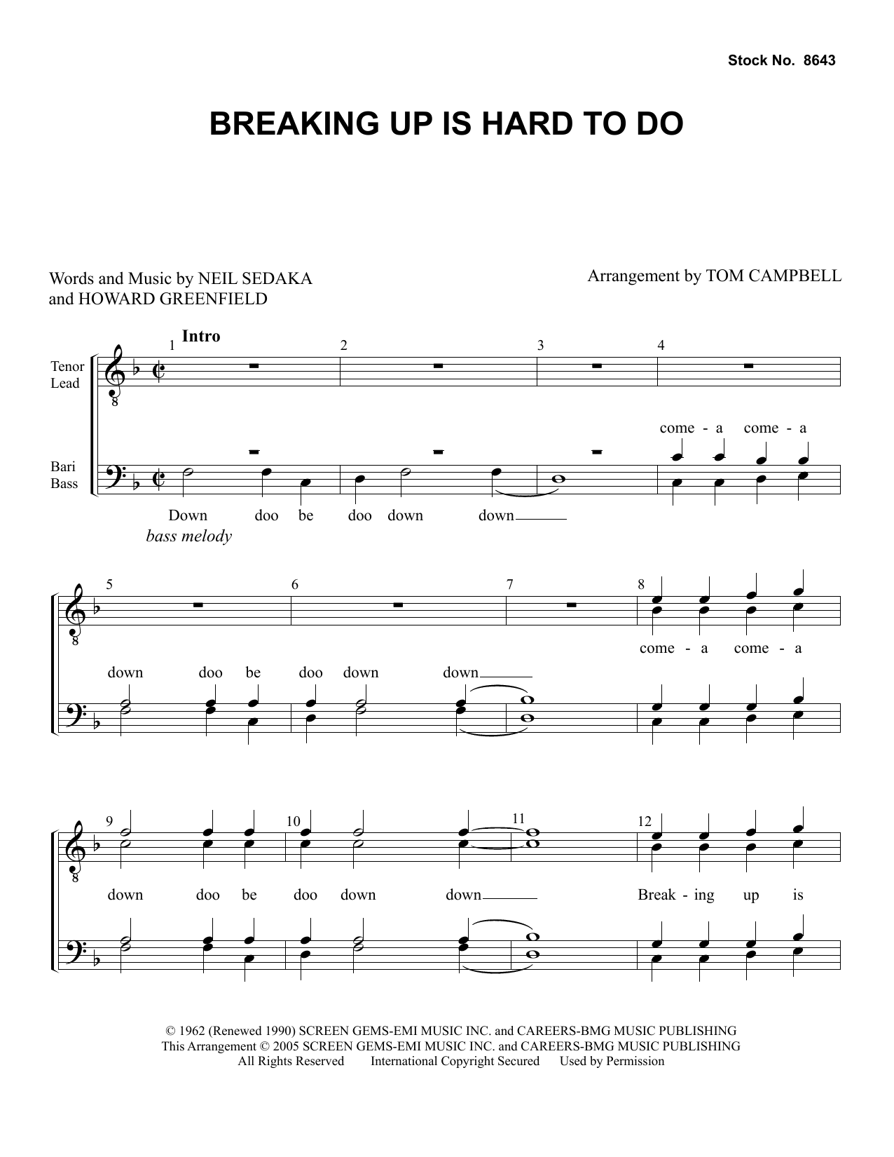 Neil Sedaka Breaking Up Is Hard To Do (arr. Tom Campbell) Sheet Music Notes & Chords for TTBB Choir - Download or Print PDF