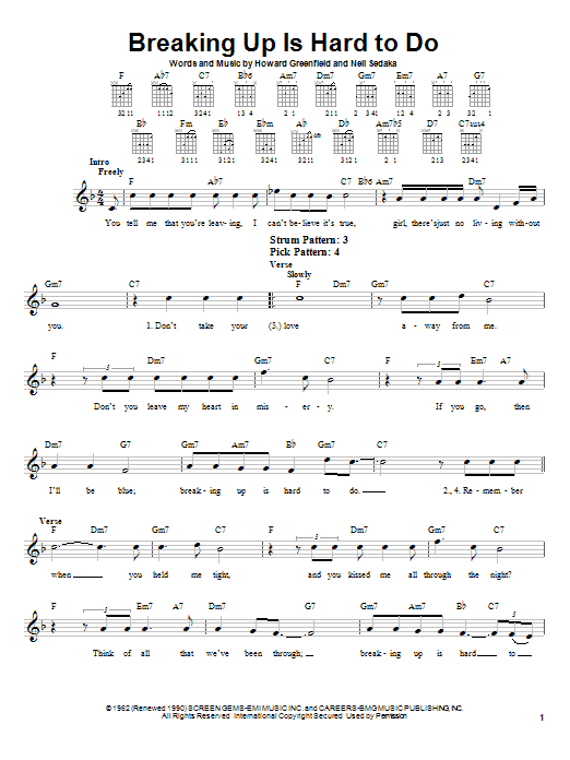 Neil Sedaka Breaking Up Is Hard To Do Sheet Music Notes & Chords for Lyrics & Chords - Download or Print PDF